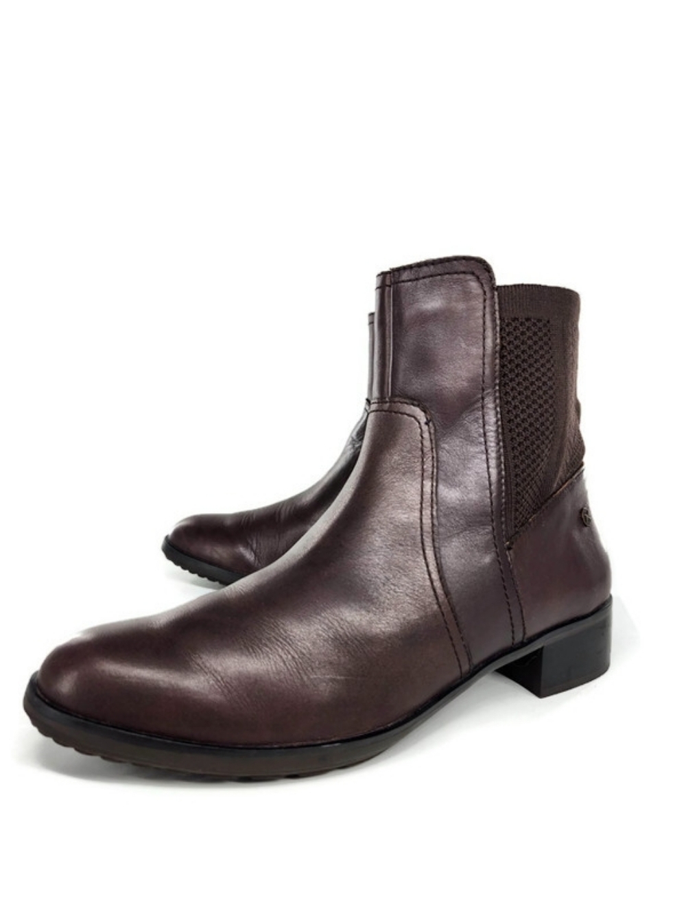 Aetrex Kaitlin Brown Leather & Knit Pull-On Almond-Toe Chelsea Ankle Boots